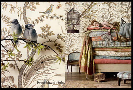 brunschwig fils wallpaper.  had saved from a Brunschwig & Fils Bird and Thistle advertisement.